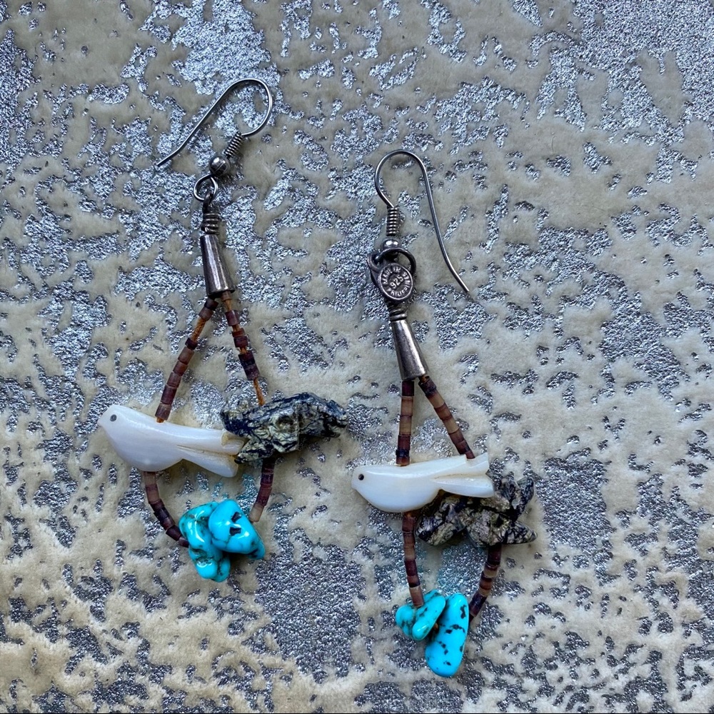 Beaded earrings with birds and turquoise